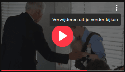 Voorbeeld van een videominiatuur in de Videoland-app met de optie ‘Verwijderen uit je verder kijken’ zichtbaar boven een rode afspeelknop.